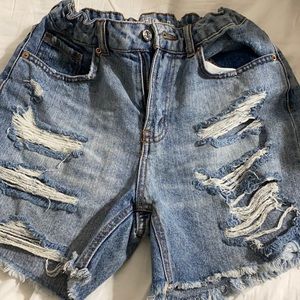 Distressed denim shorts